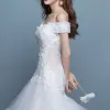 Chic / Beautiful Hall Wedding Dresses 2017 Lace Appliques Sequins Pearl Backless Off-The-Shoulder Sweetheart Short Sleeve Chapel Train White Trumpet / Mermaid