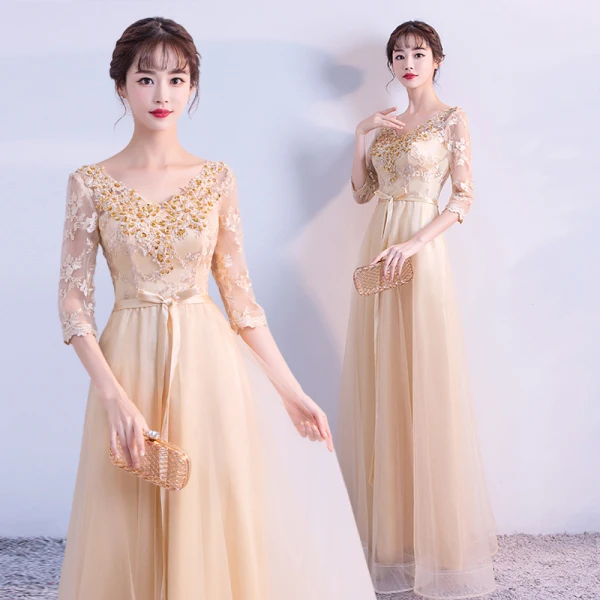 Élégant Doré Robe De Soirée 2018 Empire V-Cou 3/4 Manches Appliques En Dentelle Paillettes Perlage Ceinture Longue Volants Dos Nu Robe De Ceremonie