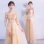 Élégant Doré Robe De Soirée 2018 Empire V-Cou 3/4 Manches Appliques En Dentelle Paillettes Perlage Ceinture Longue Volants Dos Nu Robe De Ceremonie