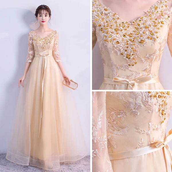 Élégant Doré Robe De Soirée 2018 Empire V-Cou 3/4 Manches Appliques En Dentelle Paillettes Perlage Ceinture Longue Volants Dos Nu Robe De Ceremonie
