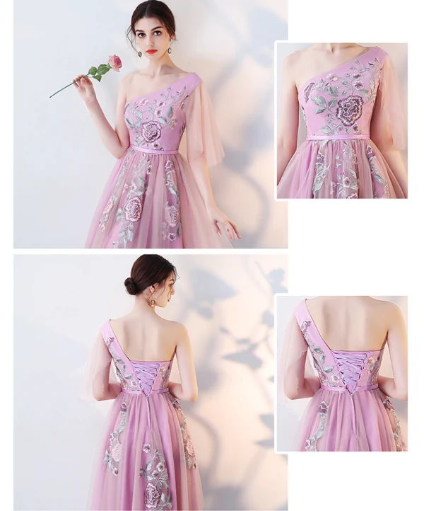 High Low Lilac Bridesmaid Dresses 2018 A-Line / Princess Sash Embroidered Asymmetrical Ruffle Backless Wedding Party Dresses