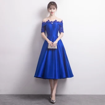 Modern Fashion Royal Blue Pierced Homecoming Graduation Dresses 2017 A Line Princess Scoop Neck 1 2 Sleeves Appliques Lace Beading Crystal Tea Length Backless Formal Dresses