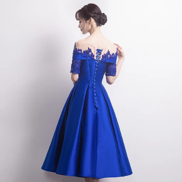 Modern / Fashion Royal Blue Pierced Homecoming Graduation Dresses 2017 A-Line / Princess Scoop Neck 1/2 Sleeves Appliques Lace Beading Crystal Tea-length Backless Formal Dresses