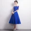 Modern / Fashion Royal Blue Pierced Homecoming Graduation Dresses 2017 A-Line / Princess Scoop Neck 1/2 Sleeves Appliques Lace Beading Crystal Tea-length Backless Formal Dresses
