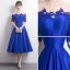 Modern / Fashion Royal Blue Pierced Homecoming Graduation Dresses 2017 A-Line / Princess Scoop Neck 1/2 Sleeves Appliques Lace Beading Crystal Tea-length Backless Formal Dresses