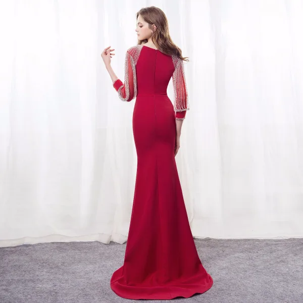 Modern / Fashion Burgundy Evening Dresses 2018 Trumpet / Mermaid Square Neckline Long Sleeve Beading Rhinestone Sweep Train Formal Dresses
