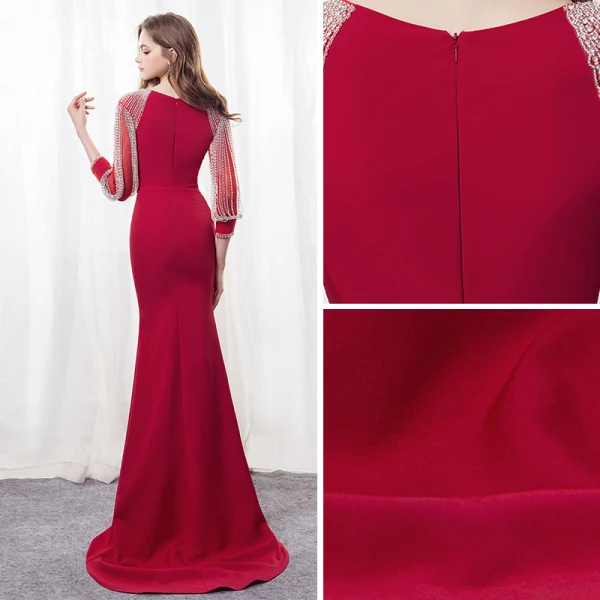 Modern / Fashion Burgundy Evening Dresses 2018 Trumpet / Mermaid Square Neckline Long Sleeve Beading Rhinestone Sweep Train Formal Dresses
