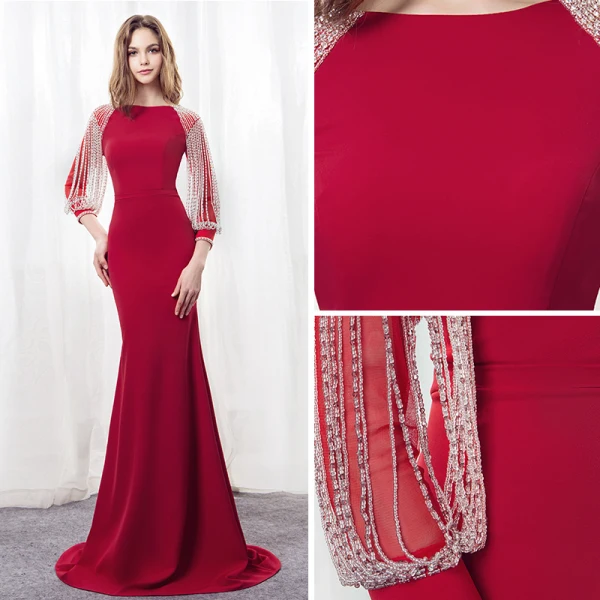 Modern / Fashion Burgundy Evening Dresses 2018 Trumpet / Mermaid Square Neckline Long Sleeve Beading Rhinestone Sweep Train Formal Dresses