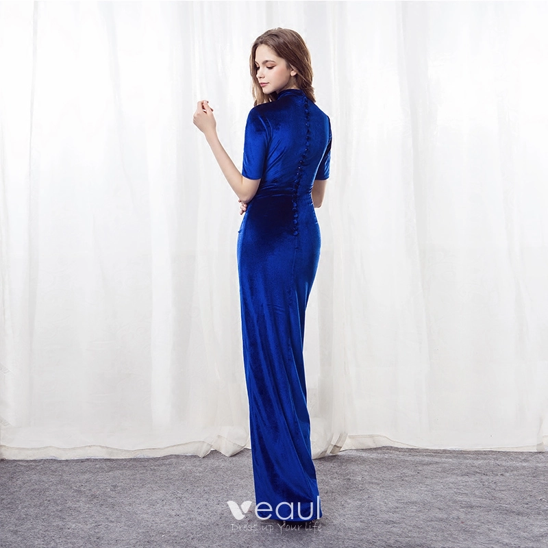 Chinese style Royal Blue Suede Evening Dresses 2018 Trumpet