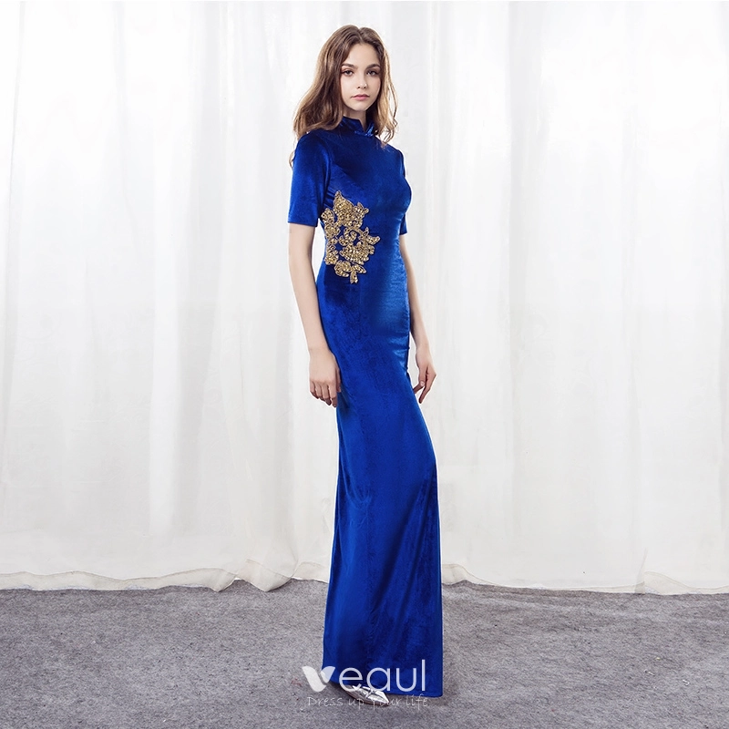 Chinese style Royal Blue Suede Evening Dresses 2018 Trumpet / Mermaid High  Neck 1/2 Sleeves Appliques
