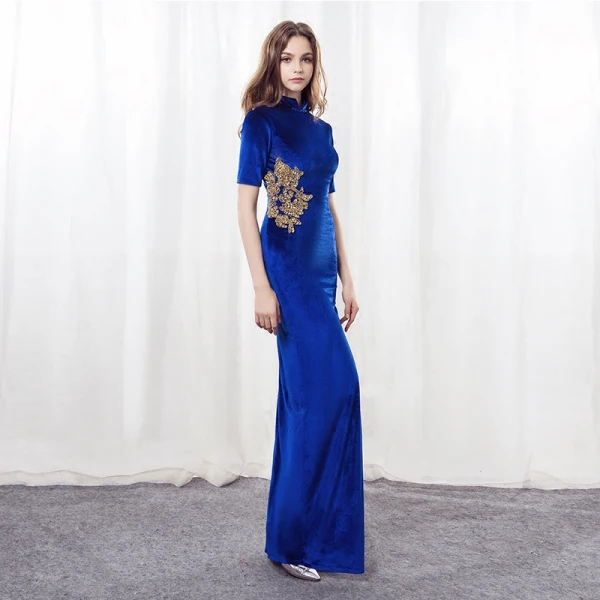 Chinesischer Stil Königliches Blau Wildleder Abendkleider 2018 Mermaid Stehkragen 1/2 Ärmel Applikationen Mit Spitze Gespaltete Front Lange Festliche Kleider
