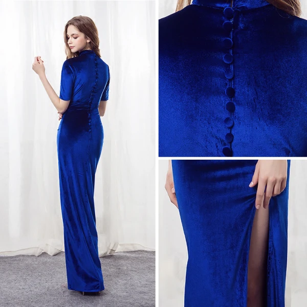 Chinesischer Stil Königliches Blau Wildleder Abendkleider 2018 Mermaid Stehkragen 1/2 Ärmel Applikationen Mit Spitze Gespaltete Front Lange Festliche Kleider