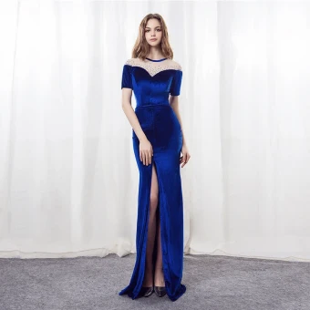 Modern Koninklijk Blauw Suede Doorboord Avondjurken 2018 Trompet Zeemeermin Ronde Hals Korte Mouwen Rhinestone Split Voorzijde Lange Gelegenheid Jurken