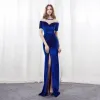 Modern / Fashion Royal Blue Suede Pierced Evening Dresses  2018 Trumpet / Mermaid Scoop Neck Short Sleeve Rhinestone Split Front Floor-Length / Long Formal Dresses