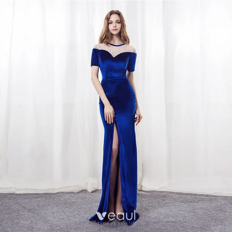 Moderne Mode Bleu Roi Daim Perce Robe De Soiree 2018 Trompette Sirene Encolure Degagee Manches Courtes Faux Diamant Fendue devant Longue Robe De Ceremonie