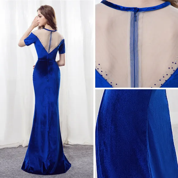 Moderne Mode Bleu Roi Daim Perce Robe De Soiree 2018 Trompette Sirene Encolure Degagee Manches Courtes Faux Diamant Fendue devant Longue Robe De Ceremonie