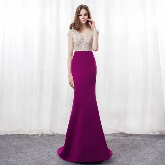 Modern Fashion Fuchsia Evening Dresses 2018 Trumpet Mermaid V Neck Short Sleeve Beading Rhinestone Sweep Train Formal Dresses