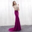 Modern Fuchsia Avondjurken 2018 Trompet / Zeemeermin V-Hals Korte Mouwen Kralen Rhinestone Sweep Trein Gelegenheid Jurken