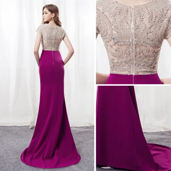 Modern Fuchsia Avondjurken 2018 Trompet / Zeemeermin V-Hals Korte Mouwen Kralen Rhinestone Sweep Trein Gelegenheid Jurken