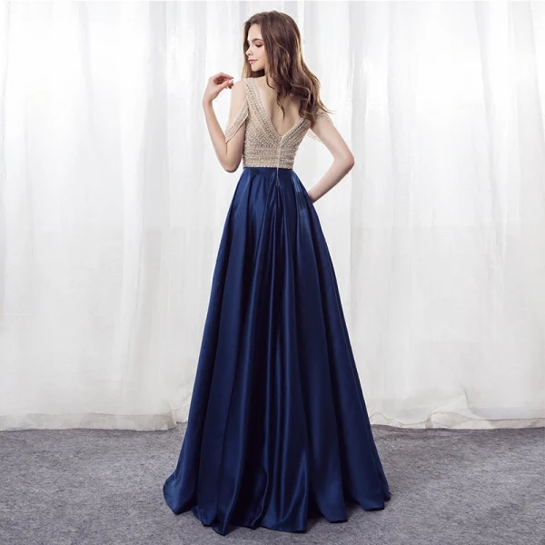 Modern / Fashion Navy Blue Prom Dresses 2018 A-Line / Princess V-Neck Sleeveless Strapless Beading Rhinestone Floor-Length / Long Backless Formal Dresses