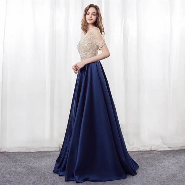 Modern Fashion Navy Blue Prom Dresses 2018 A-Line Princess V-Neck Sleeveless Strapless
