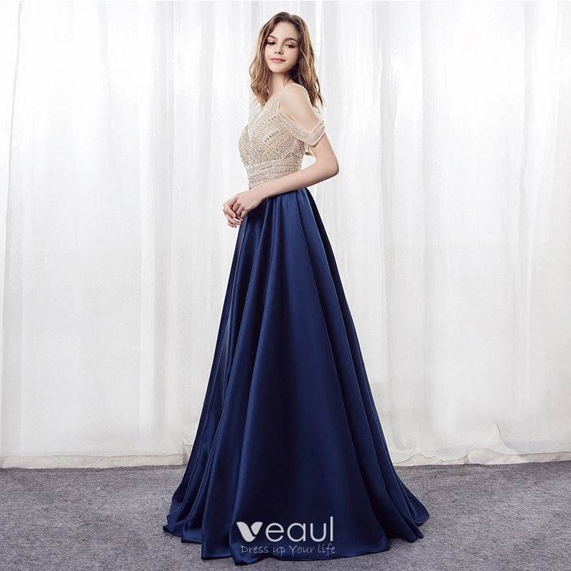 ny collection plus size ruched a-line dress Sparkly Navy Blue Lace Long Sleeve A Line Formal Prom Dress Two Pieces –  cathyprom main image 1