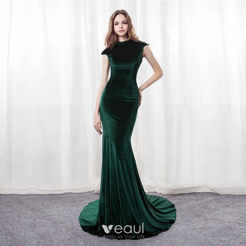 Moderne Mode Vert Fonce Daim Perce Robe De Soiree 2018 Trompette Sirene Col Haut Sans Manches Paillettes Tribunal Train Dos Nu Robe De Ceremonie