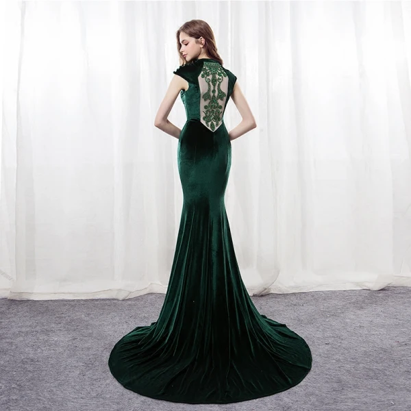 Modern / Fashion Dark Green Suede Pierced Evening Dresses 2018 Trumpet / Mermaid High Neck Sleeveless Sequins Court Train Backless Formal Dresses