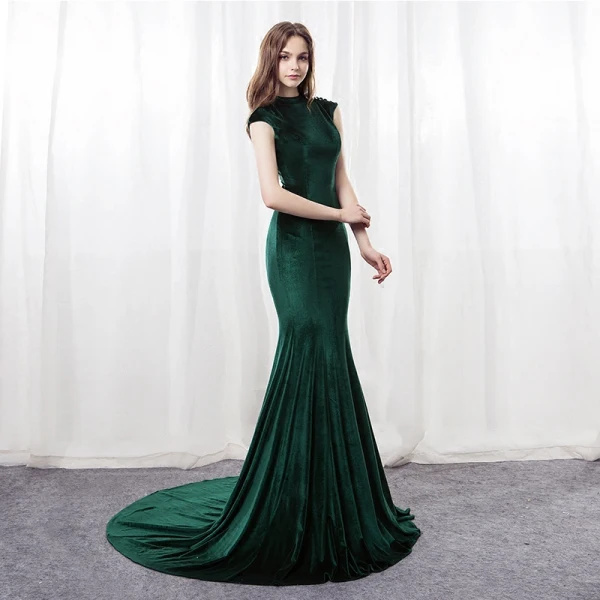 Modern / Fashion Dark Green Suede Pierced Evening Dresses 2018 Trumpet / Mermaid High Neck Sleeveless Sequins Court Train Backless Formal Dresses
