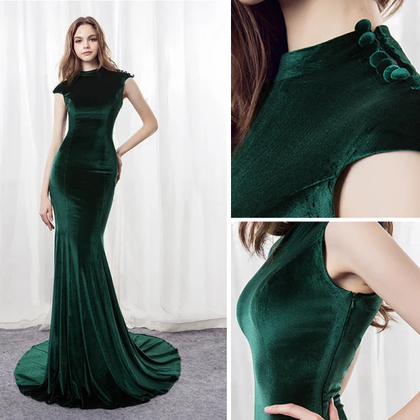 Modern / Fashion Dark Green Suede Pierced Evening Dresses 2018 Trumpet / Mermaid High Neck Sleeveless Sequins Court Train Backless Formal Dresses