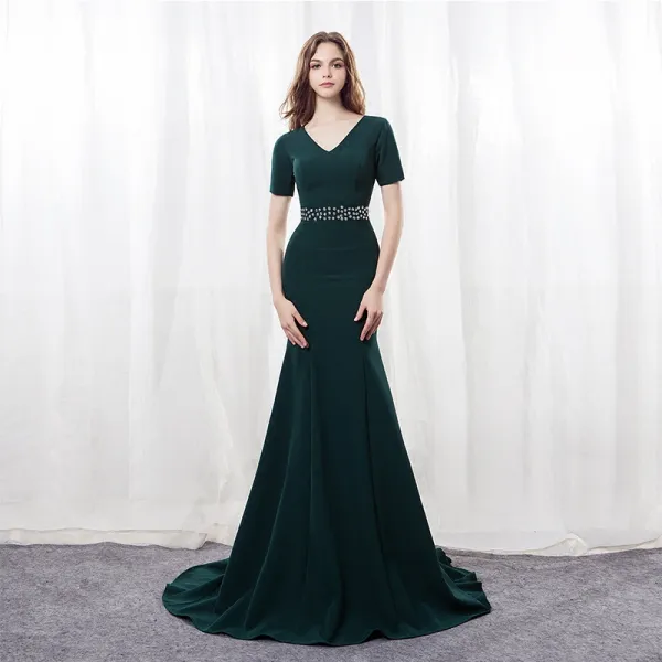Modern / Fashion Dark Green Evening Dresses  2018 Trumpet / Mermaid V-Neck Short Sleeve Rhinestone Sash Sweep Train Formal Dresses