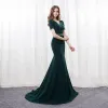 Modern / Fashion Dark Green Evening Dresses  2018 Trumpet / Mermaid V-Neck Short Sleeve Rhinestone Sash Sweep Train Formal Dresses