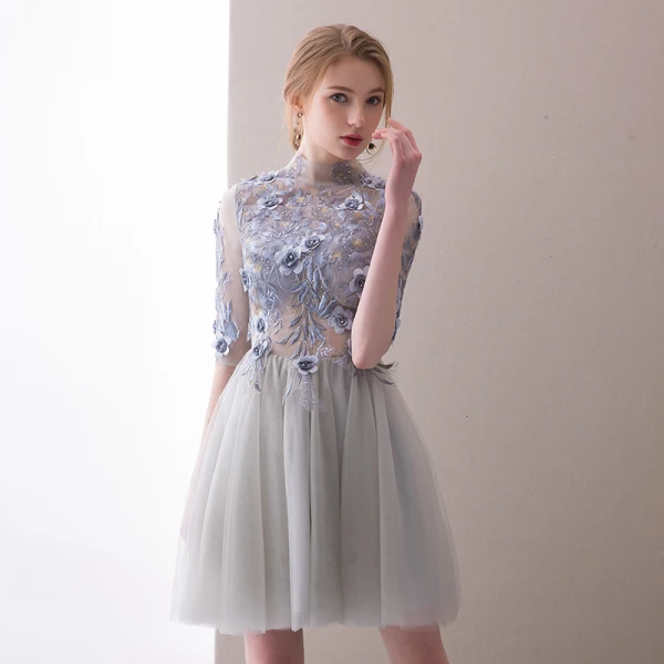 Sexy Grey Pierced Homecoming Graduation Dresses 2018 A-Line / Princess High Neck 1/2 Sleeves Lace Appliques Flower Pearl Rhinestone Short Ruffle