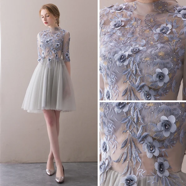Sexy Grey Pierced Homecoming Graduation Dresses 2018 A-Line / Princess High Neck 1/2 Sleeves Lace Appliques Flower Pearl Rhinestone Short Ruffle