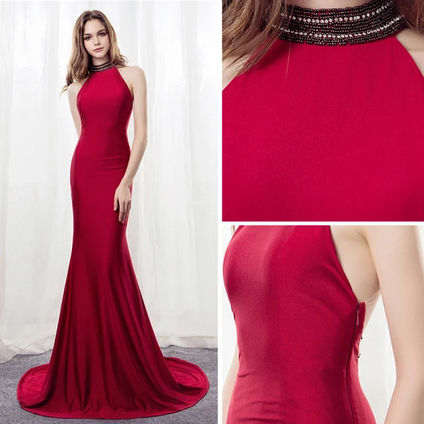 Sexy Burgundy Evening Dresses 2018 Trumpet / Mermaid Halter Strapless Sleeveless Beading Rhinestone Court Train Backless Formal Dresses