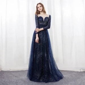 Scintillantes Ciel Étoilé Bleu Marine Robe De Soirée 2018 Princesse Encolure Dégagée Manches Longues Faux Diamant Satin Ceinture Longue Dos Nu Percé Robe De Ceremonie