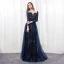 Scintillantes Ciel étoilé Bleu Marine Robe De Soirée 2018 Princesse Encolure Dégagée Manches Longues Faux Diamant Satin Ceinture Longue Dos Nu Percé Robe De Ceremonie