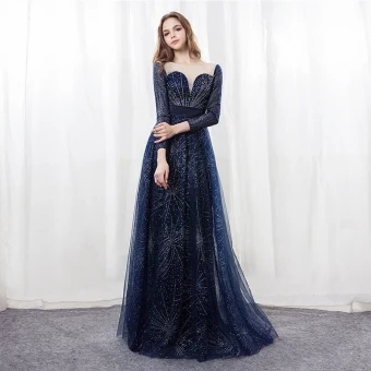 Sparkly Starry Sky Navy Blue Evening Dresses 2018 A Line Princess Scoop Neck Long Sleeve Rhinestone Satin Sash Floor Length Long Backless Pierced Formal Dresses