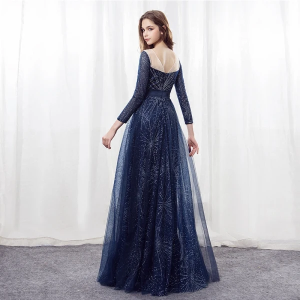 Scintillantes Ciel étoilé Bleu Marine Robe De Soirée 2018 Princesse Encolure Dégagée Manches Longues Faux Diamant Satin Ceinture Longue Dos Nu Percé Robe De Ceremonie