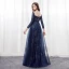 Scintillantes Ciel étoilé Bleu Marine Robe De Soirée 2018 Princesse Encolure Dégagée Manches Longues Faux Diamant Satin Ceinture Longue Dos Nu Percé Robe De Ceremonie