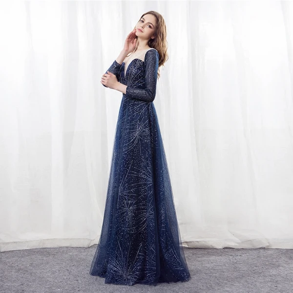 Scintillantes Ciel étoilé Bleu Marine Robe De Soirée 2018 Princesse Encolure Dégagée Manches Longues Faux Diamant Satin Ceinture Longue Dos Nu Percé Robe De Ceremonie