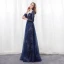 Scintillantes Ciel étoilé Bleu Marine Robe De Soirée 2018 Princesse Encolure Dégagée Manches Longues Faux Diamant Satin Ceinture Longue Dos Nu Percé Robe De Ceremonie
