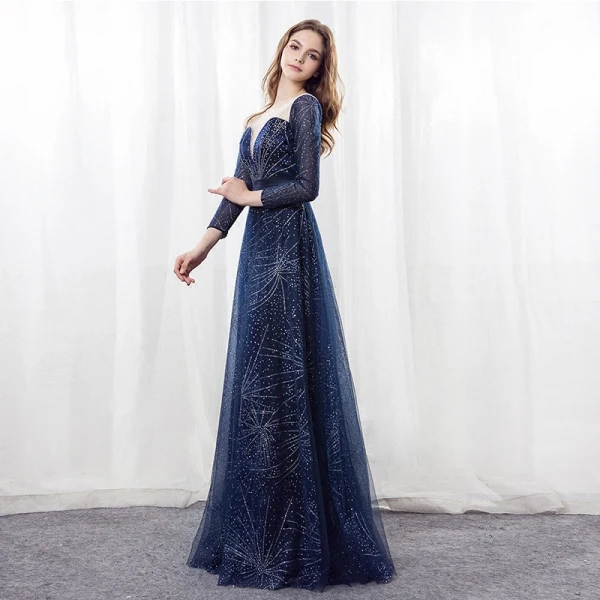 Scintillantes Ciel étoilé Bleu Marine Robe De Soirée 2018 Princesse Encolure Dégagée Manches Longues Faux Diamant Satin Ceinture Longue Dos Nu Percé Robe De Ceremonie