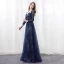 Scintillantes Ciel étoilé Bleu Marine Robe De Soirée 2018 Princesse Encolure Dégagée Manches Longues Faux Diamant Satin Ceinture Longue Dos Nu Percé Robe De Ceremonie