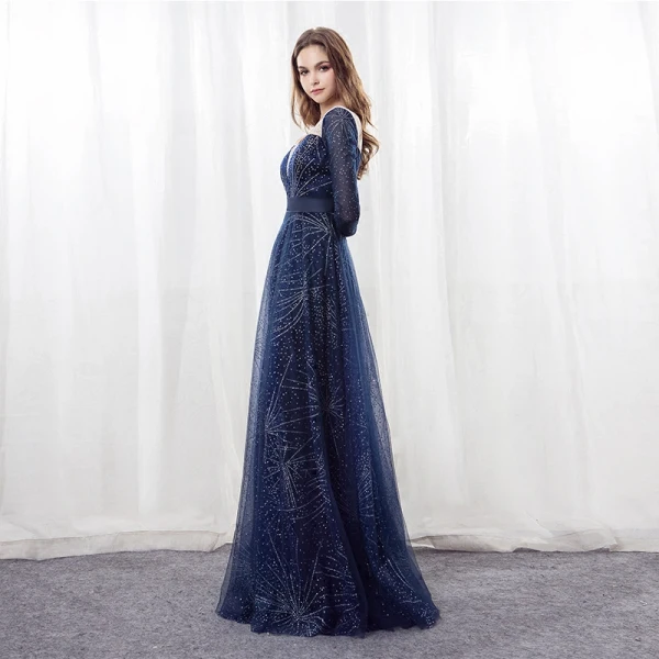 Scintillantes Ciel étoilé Bleu Marine Robe De Soirée 2018 Princesse Encolure Dégagée Manches Longues Faux Diamant Satin Ceinture Longue Dos Nu Percé Robe De Ceremonie
