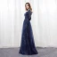 Scintillantes Ciel étoilé Bleu Marine Robe De Soirée 2018 Princesse Encolure Dégagée Manches Longues Faux Diamant Satin Ceinture Longue Dos Nu Percé Robe De Ceremonie