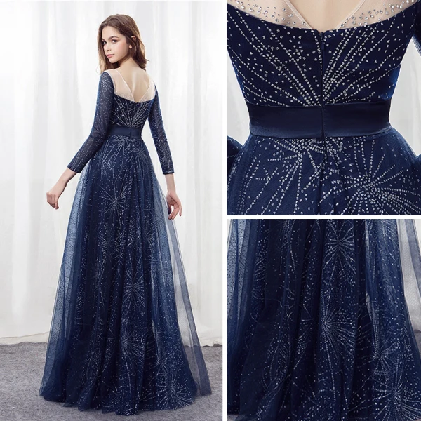 Scintillantes Ciel étoilé Bleu Marine Robe De Soirée 2018 Princesse Encolure Dégagée Manches Longues Faux Diamant Satin Ceinture Longue Dos Nu Percé Robe De Ceremonie