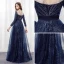 Scintillantes Ciel étoilé Bleu Marine Robe De Soirée 2018 Princesse Encolure Dégagée Manches Longues Faux Diamant Satin Ceinture Longue Dos Nu Percé Robe De Ceremonie