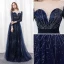 Scintillantes Ciel étoilé Bleu Marine Robe De Soirée 2018 Princesse Encolure Dégagée Manches Longues Faux Diamant Satin Ceinture Longue Dos Nu Percé Robe De Ceremonie