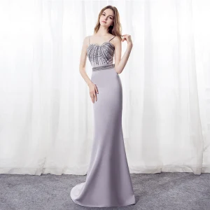 Sexy Grey Evening Dresses 2018 Trumpet Mermaid Spaghetti Straps Sleeveless Rhinestone Beading Crystal Bow Sash Sweep Train Backless Formal Dresses